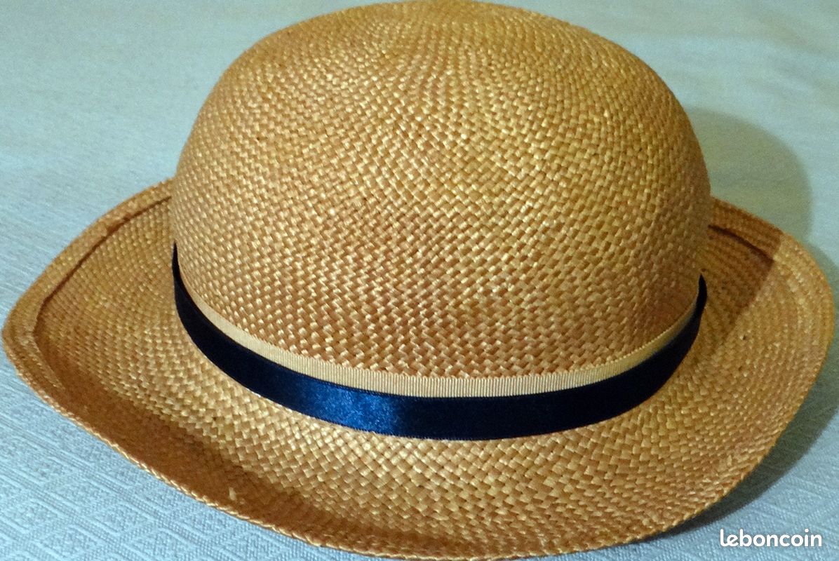 CHAPEAU EN PAILLE NATURELLE 1960 T. 53 cm avec RUBANS FLEUR EN TISSU BLEU mariage, été, défilé vintage, fabriqué en France (image 10)