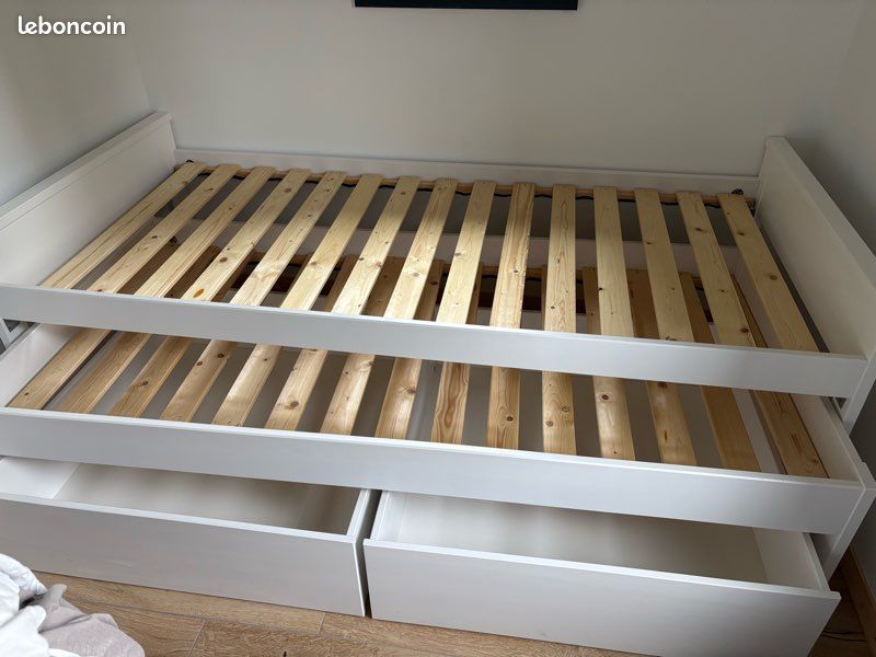 Lit IKEA Brekke Blanc + Lit D’appoint – Bois – Matelas Standard – Occasion