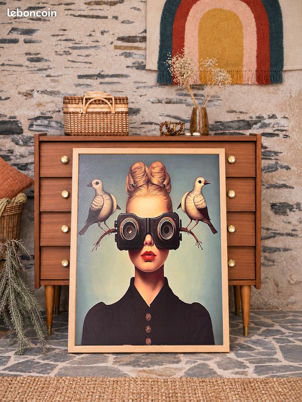 Portrait aux oiseaux et lunettes rondes – Toile coton décorative 30x40 cm (image 1)