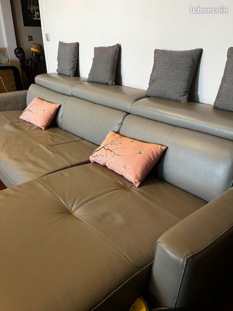 Canapé cuir beige d'angle convertible (image 2)