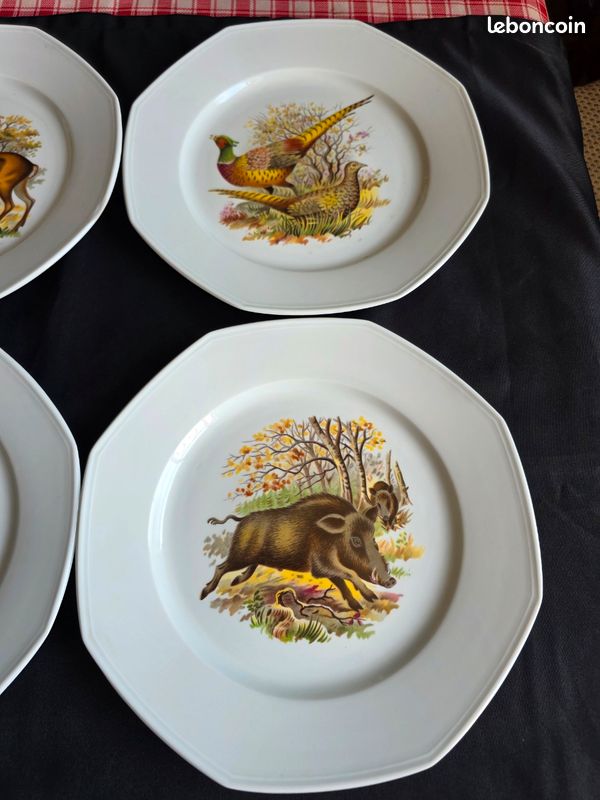 Lot de 6 assiettes plates octogonales décor chasse / gibier - 25,5 cm (image 3)