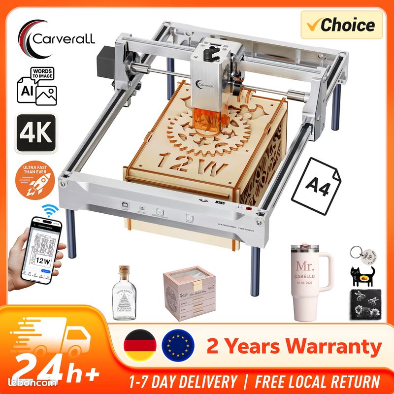 Machine de gravure laser, puissance optique 12W, découpeuse et graveuse laser pour bois, métal et acrylique, pour petites entreprises et studios - Neuf Livraison Gratuit (image 1)