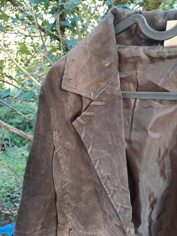 Veste En Cuir Daim Vintage MEARA CREATION - Taille 38/40 - Couleur Camel Clair/Bleu Ciel - Très Bon état