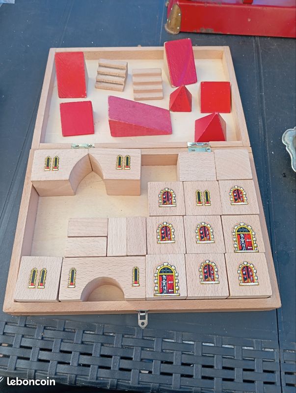 Jeu De Constructions Vintage Castelbloc – 44 Pièces En Bois, Boîte Ancienne