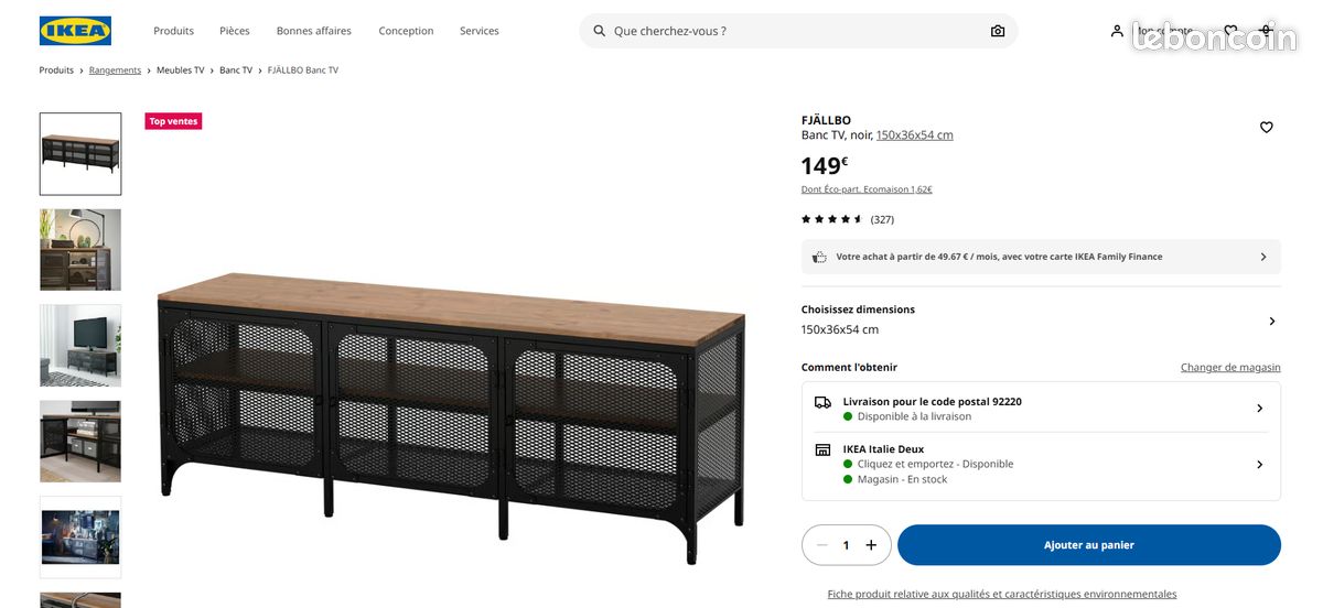 IKEA FJÄLLBO Banc TV, noir, 150x36x54 cm - Ameublement