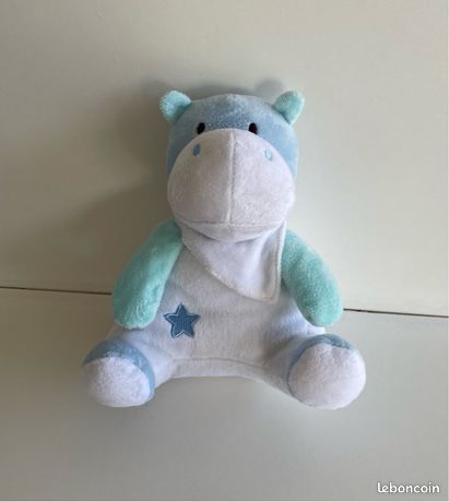 Peluche Doudou Hippopotame Assis Bleu Blanc Etoiel Tom Zoé Neuf