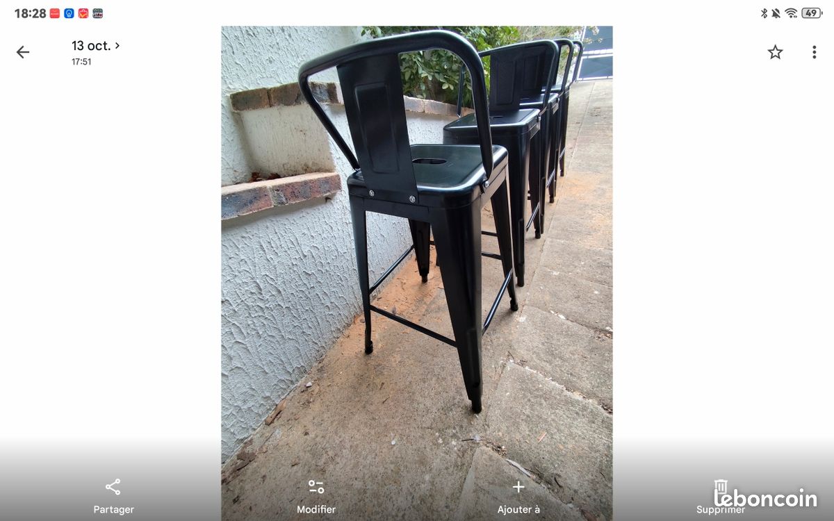 Lot de 4 chaises/ tabourets hauts de bar ou ilot cuisine en métal noir, repose pieds et assise renforcée (200kg) (image 3)