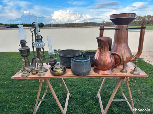 Alambic antique à eau de vie en cuivre, France, décoration de