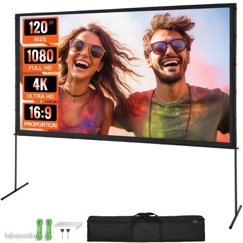 Écran de projection VEVOR avec support, 120 pouces HD 4K, utilisable en intérieur et extérieur, pliable et portable, format 16:9, idéal pour le home cinéma, le camping, les loisirs, etc., noir (image 2)