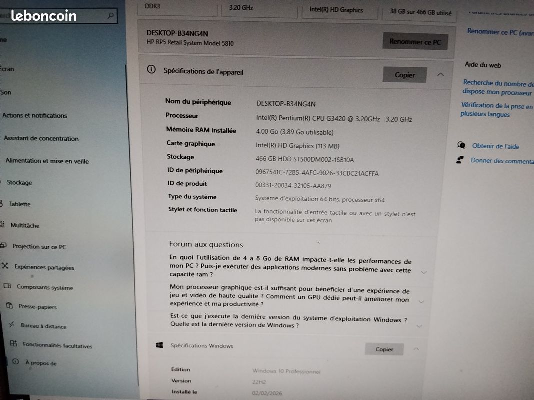 HP RP5810 Desktop Pentium G3420 4GO 500Go HDD W10