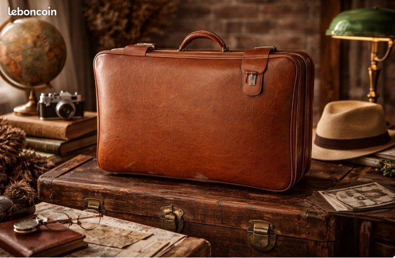 ancienne valise rétro vintage Cuir Noir H 12 L 45 l 35 cm 53 - Vendu