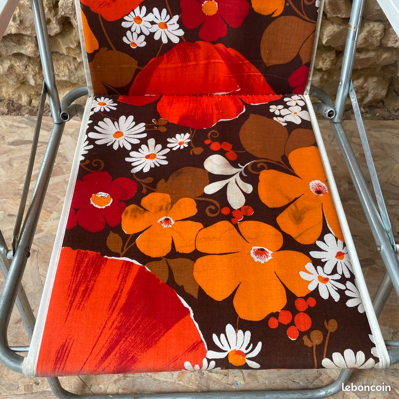Siège Enfant Camping Kettler Vintage 1970, Aluminium, Motif Fleurs Blanches Et Oranges