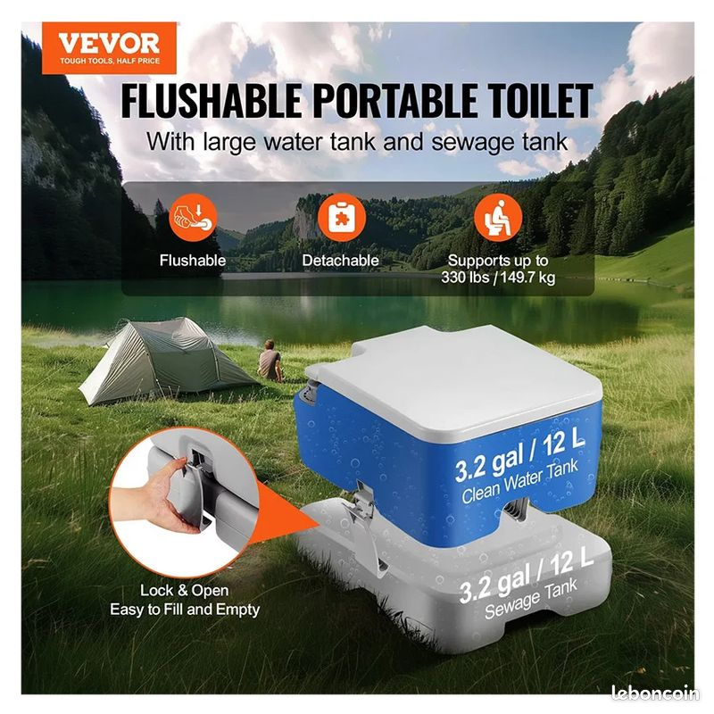 Toilettes portables pour le camping avec sac de transport, toilettes pour camping-car avec réservoir à déchets de 12 litres, chasse d’eau sous pression par bouton-poussoir (image 3)