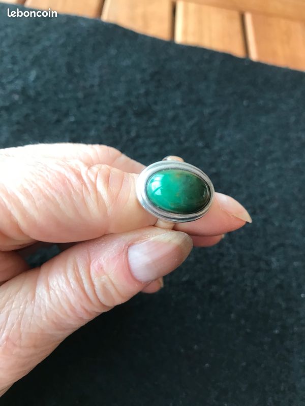Bague Argent 925 Avec Jade Naturel - Taille 52 - Occasion (bijou Ancien ?)
