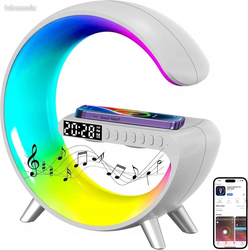 Lampe LED RGB chargeur inductif 15 W + horloge + haut-parleur Bluetooth Blanc (image 1)