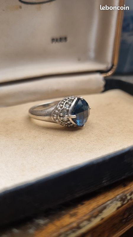 Bague Vintage En Argent Massif 925 - Design Moderniste Avec Pierre Bleue, Signée EL
