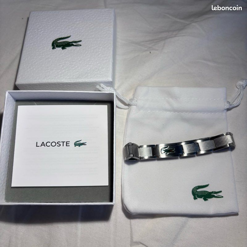 Bracelet Lacoste à maillons homme acier inoxydable argenté logo crocodile vert – coffret + pochon (image 1)