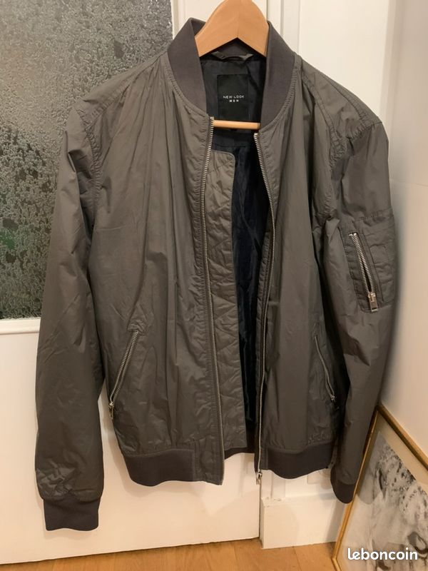 Veste Bomber Homme New Look - Taille M, Grise, En Polyester/Tencell - Occasion Très Bon état