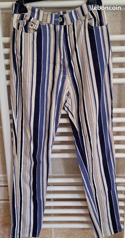 Pantalon Biba Rayé Beige 7/8 – Taille 36, Modèle Royalty Stripes, Neuf Avec Étiquettes