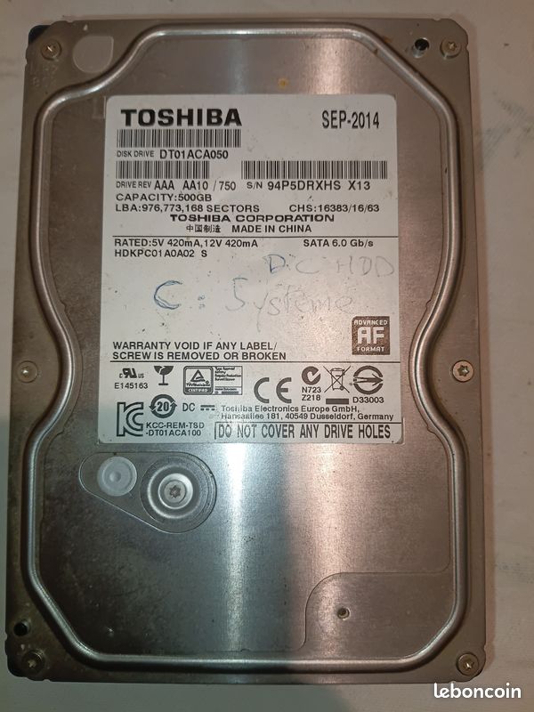 HDD 3.5 SATA III Disque Dur Interne Toshiba DT01ACA050 500Go 3.5 SATA III 7200tr/min - Pour PC Bureau économie énergie