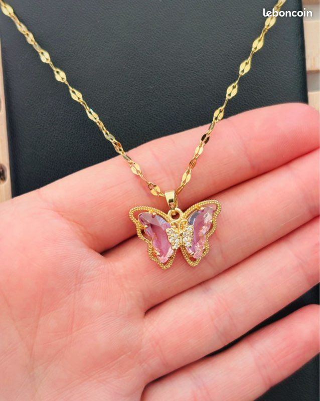 Collier papillon rose doré acier inoxydable pendentif maille fine (image 1)