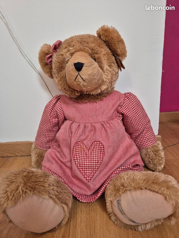 Ours En Peluche Louise Mansen 32cm Robe Fleurie Et Gilet Laine Rouge - Excellent état