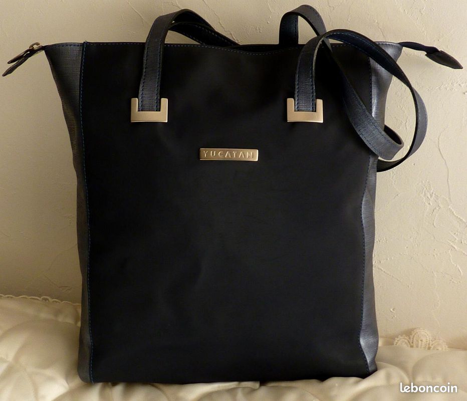 RARE Grand Sac Porté Epaule YUCATAN Toile Enduite Bleu Marine & Cuir Métallisé Bleu (image 1)