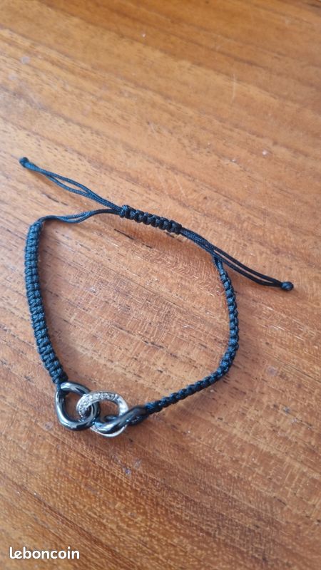 Bracelet argent céramique noir oxyde de zirconium sur cordon noir