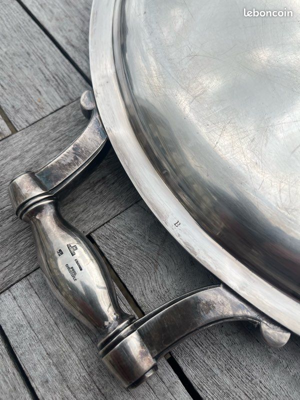 PLATEAU EN MÉTAL argenté travaillé France - Christofle.32 cm EUR 149,00
