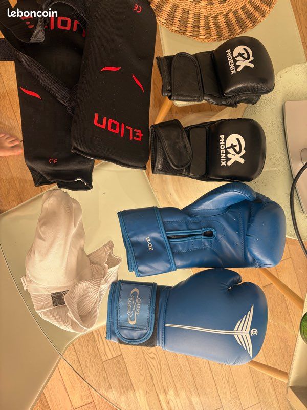 Lot équipement sports de combat : Gants 12oz + Protège-tibias Elion + Mitaines + Coquille (image 1)