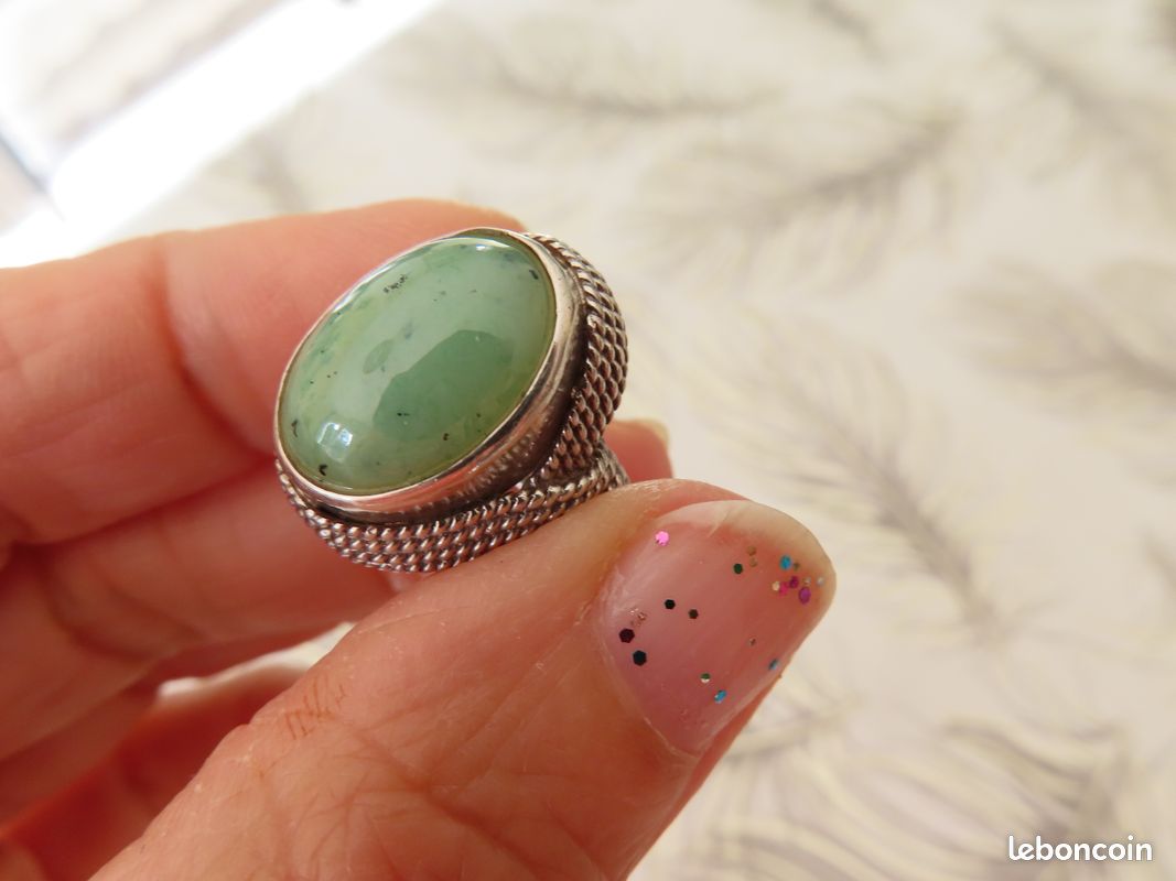 Bague Art Déco Argent Sterling Avec Aventurine - Taille 53 - Occasion Très Bon État
