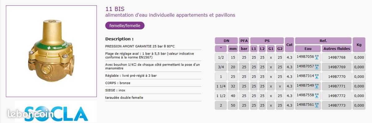 Danfoss Socla Réducteur de pression DESBORDES 11BIS F/F - 20x27