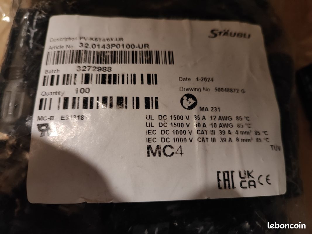 Connecteur MC4 Mâle 4/6 mm² Stäubli PV-KST4/6X-UR Mâle Lot de 100 (image 3)