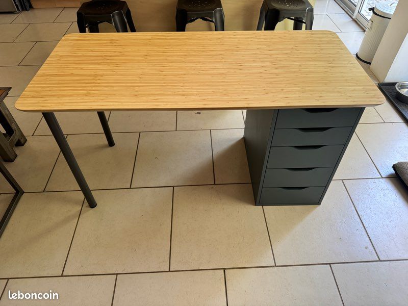 Bureau Ikea Caisson Alex édition limitée gris vert plateau bambou Anfallare 140x65 pieds acier gris Adils (image 2)