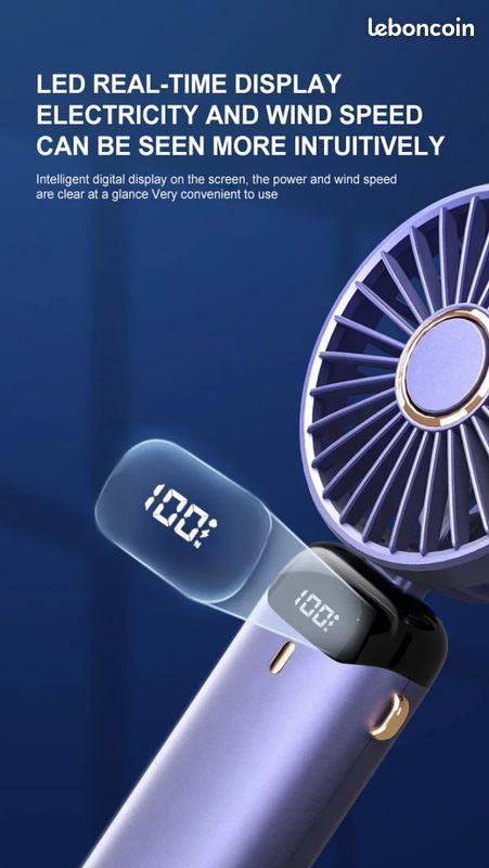 1 Mini ventilateur portatif pliable, ventilateur rechargeable USB à 5 vitesses 1800mAh, Bleu (image 10)