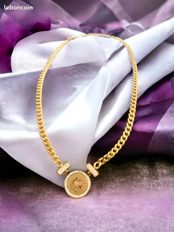 Collier piece coq strass en acier authentique (image 1)