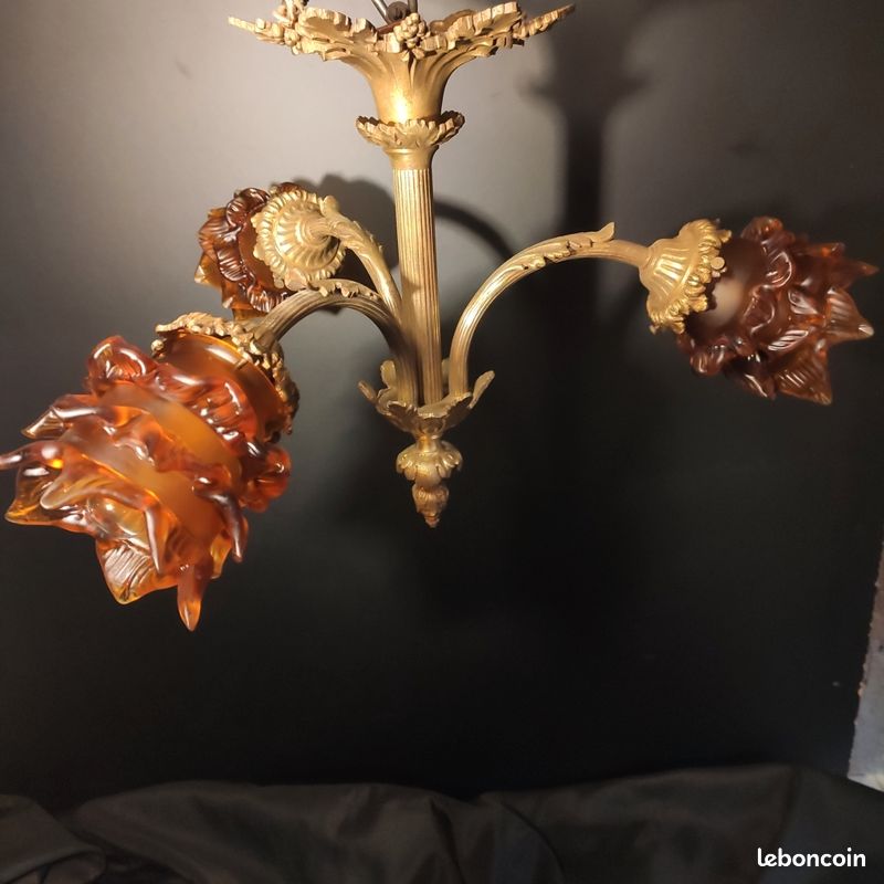 Lustre Napoléon III 2 Feux, Bronze Doré, Suspension Plafonnier Intérieur