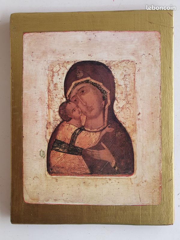 Antique Icône Grecque Ou Russe Grèce Religieuse En Bois Pein