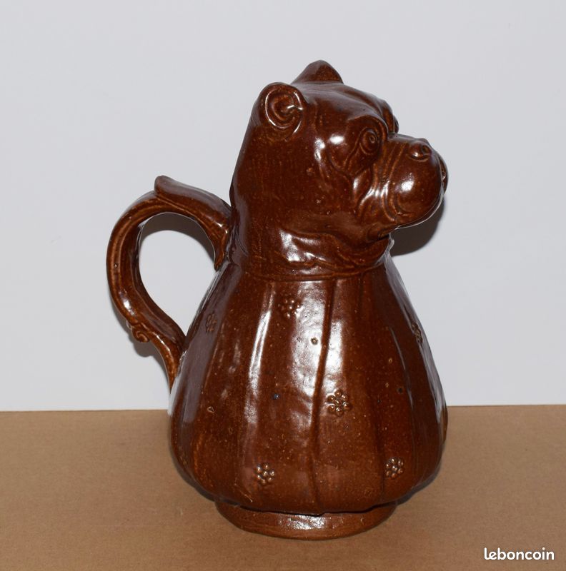 Ancien pichet en grés de Beauvais a tête de chien Bulldog - grés 19e siècle (image 4)