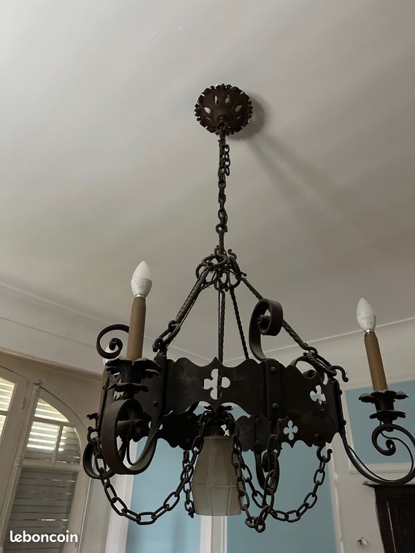 Lustre 3 Lumières Fer Forgé Noir - Modèle Paris - Chaîne D' Suspension - Arterameferro