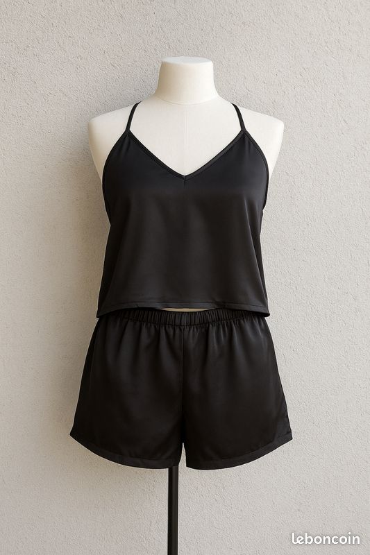 Pyjama satiné femme noir pièces top short – Taille L – Shein