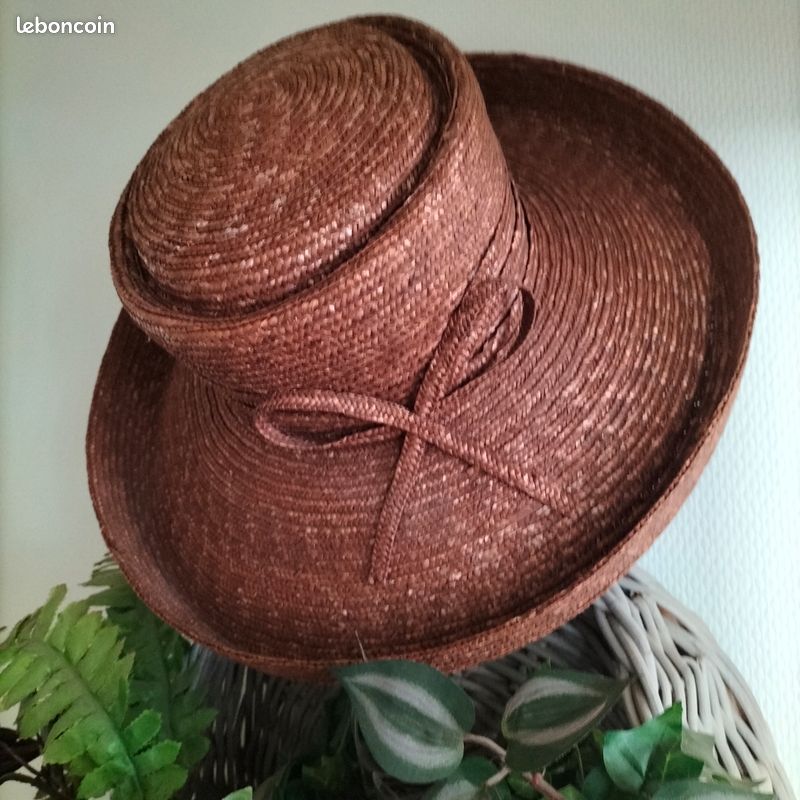 Chapeau Vintage Femme En Paille Et Velours Des Années 1950 - Noir Et Blanc, Occasion