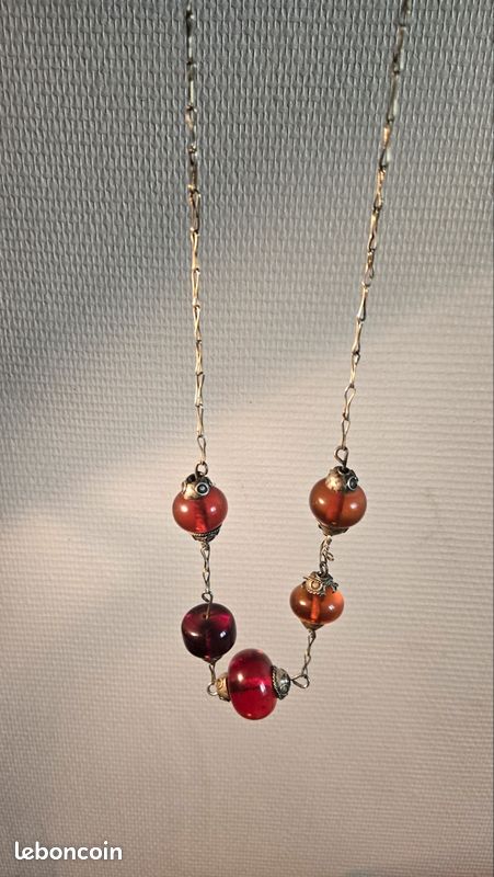 Collier Long Vintage Perles Bakélite Ou Résine - Style Ambre Jaspe - Occasion