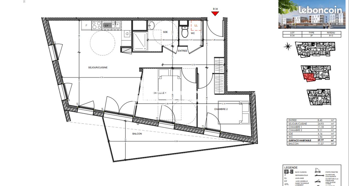 Appartement 3 pièces 60 m² · à Louviers · 60 m² · 693 €/mois