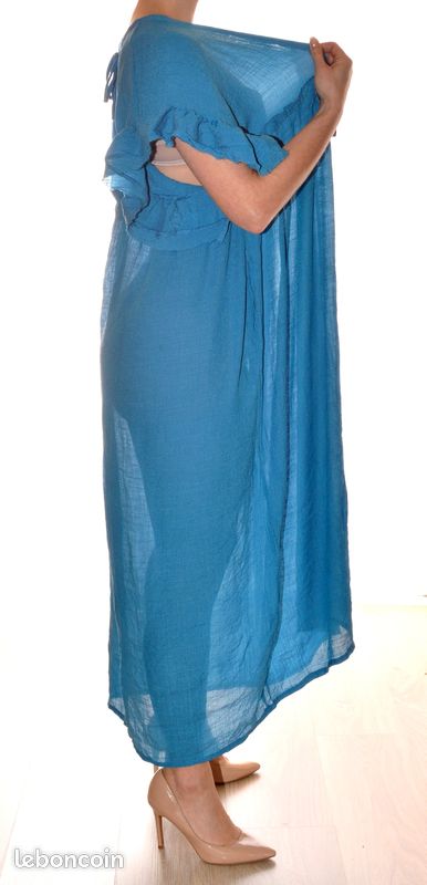 Robe Longue Bleu Clair Fluide - Taille 46, Manches Courtes évasées, Col V, Occasion Très Bon état