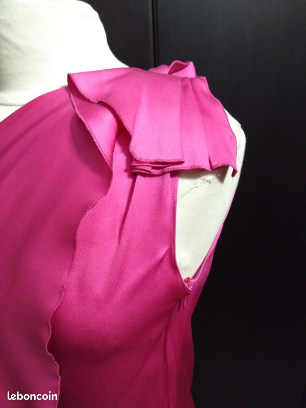 Robe CH Carolina Herrera T38 fuchsia soie satinée asymétrique cocktail luxe (image 3)