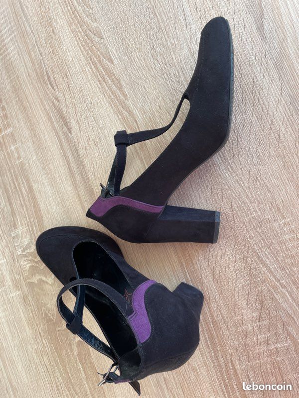 Escarpins Silvy Vintage 1980 - Cuir Daim Noir Et Violet, Taille 36.5, Talon Aiguille 8 Cm