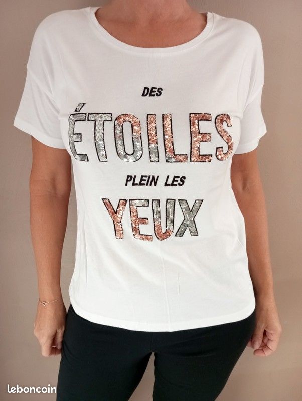 femme blanc avec inscription en sequins Camaïeu Taille