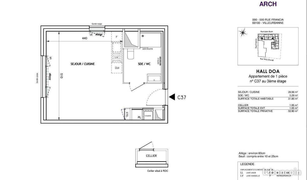 Appartement 1 pièce 31 m² · à Villeurbanne · 31 m² · 544 €