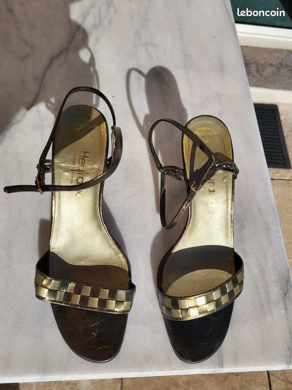 Chaussures femme marron et dorées en cuir véritable Heyraud taille 38,5 (image 3)